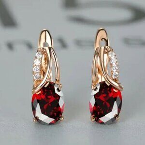 18k Gold Plated Red Ruby Simulated Hoop Earrings